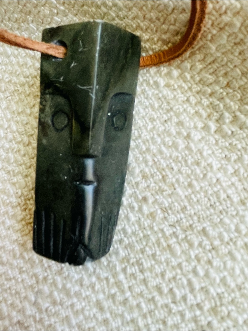 Artisan Ethnic Tribal Carved Face Dark Green Stone Tiki Pendant Leather Cord